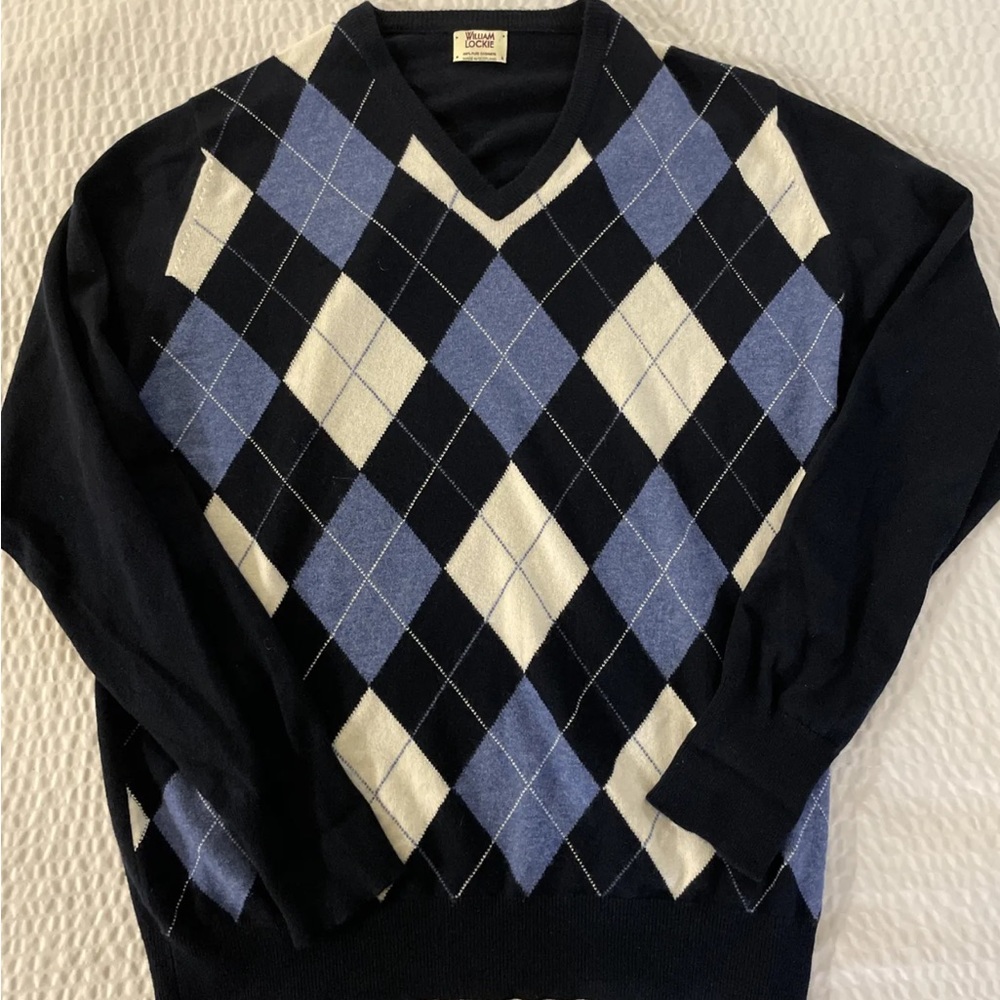 WILLIAM LOCKIE Argyle Old Course St. Andrews Cashmere V-Neck Sweater Size XXL